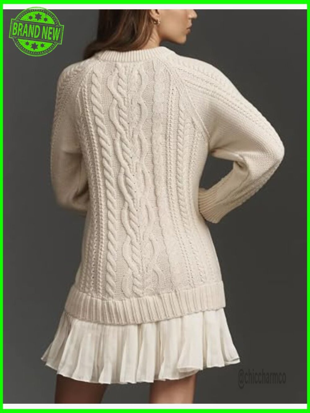 Women Cable Knit Sweater Dress Crewneck Long Sleeve Pleated Mini Twofer Style - Picture 3 of 7